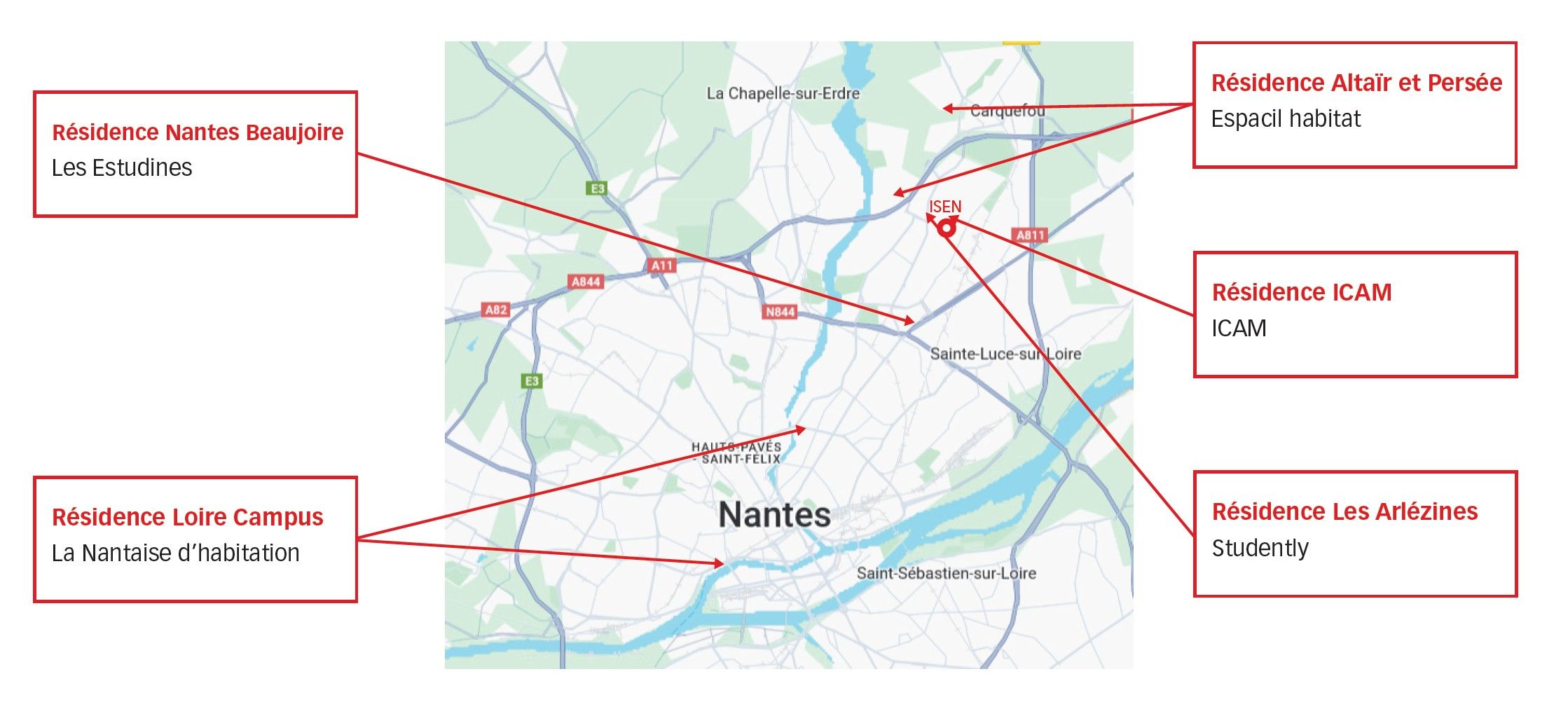 Carte résidences étudiantes partenaires ISEN Nantes